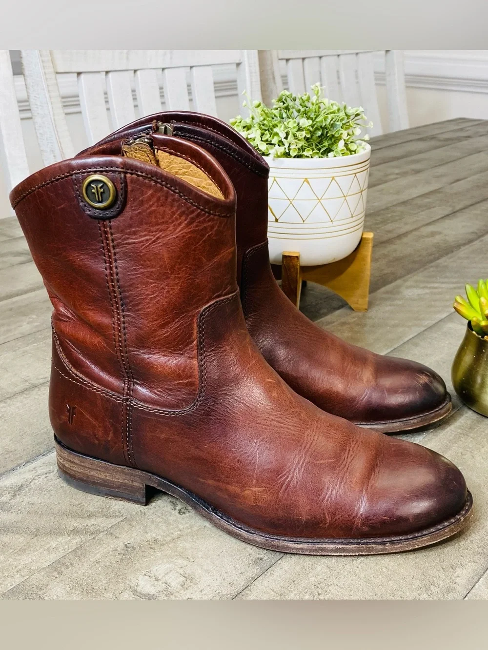 FRYE Melissa Button Short Leather Boots Cognac Brown Ankle Booties Sz 5.5 B